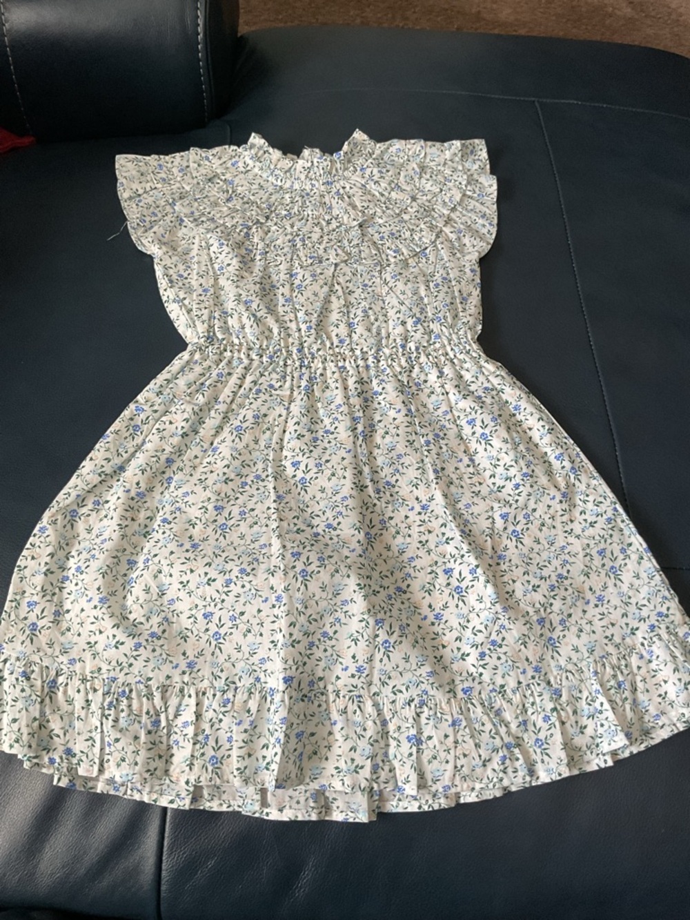 Janie and Jack White Floral Smocked Ruffle Dress with Blue and Green Blossoms